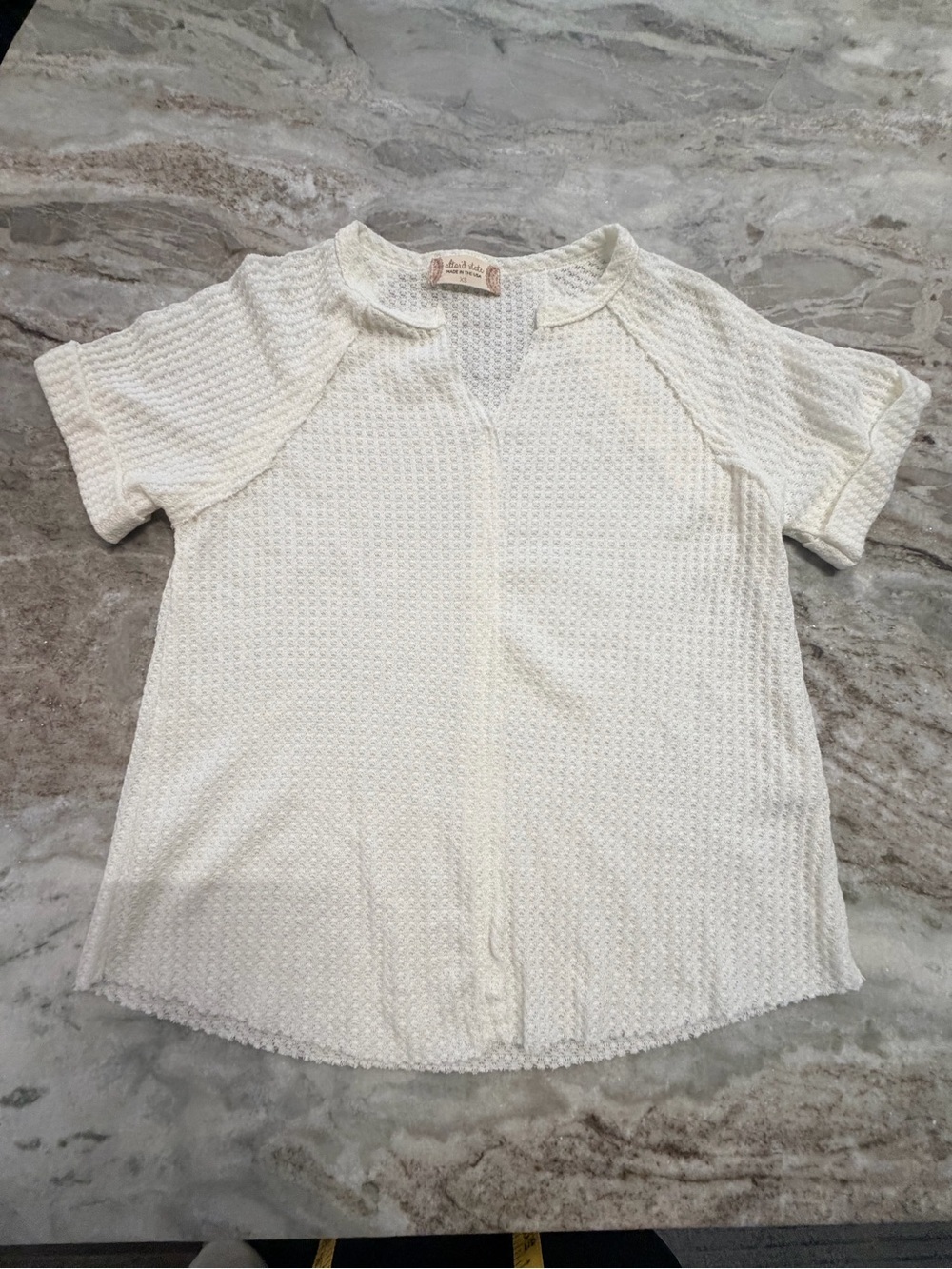 Altar’d State XS Ivory Waffle Knit Split Neck Short Sleeve Top Made in USA